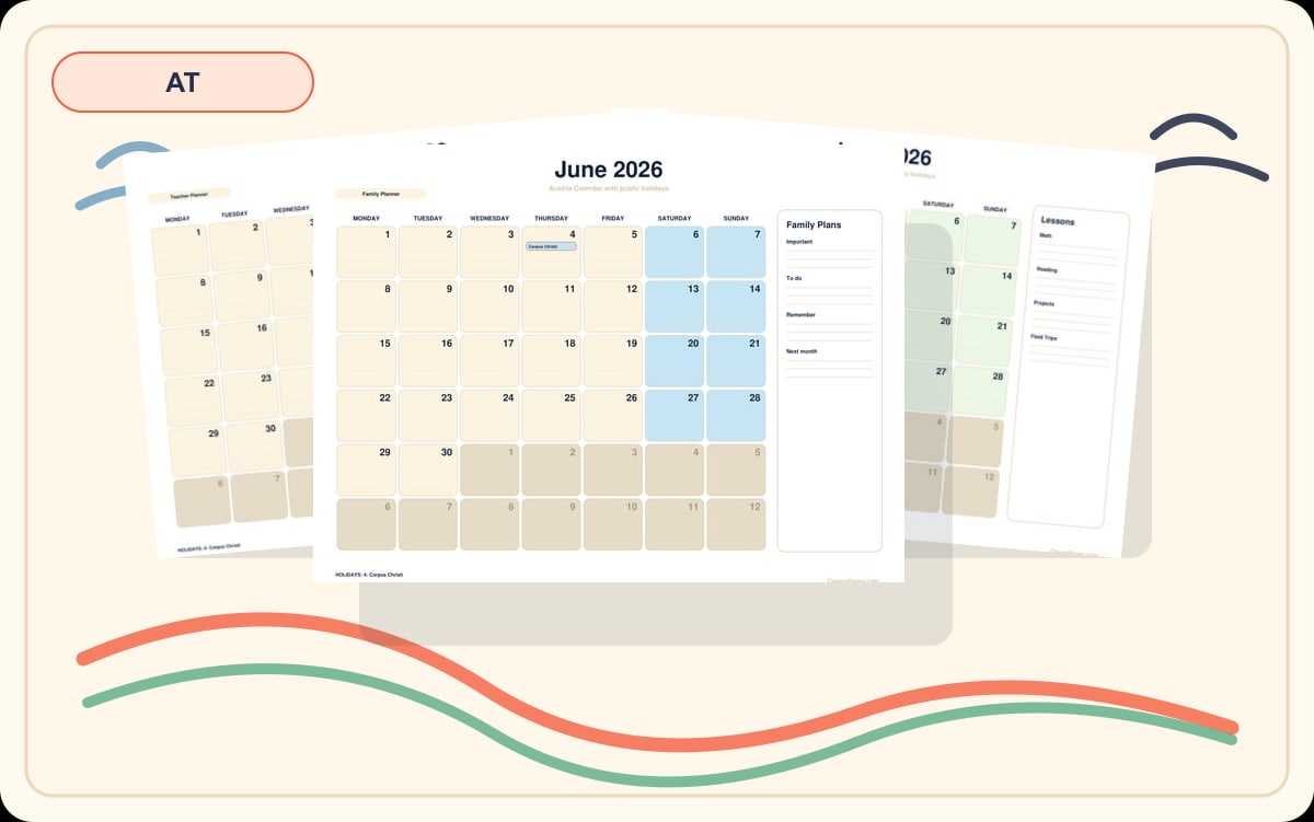 Austria June 2026 Calendars preview