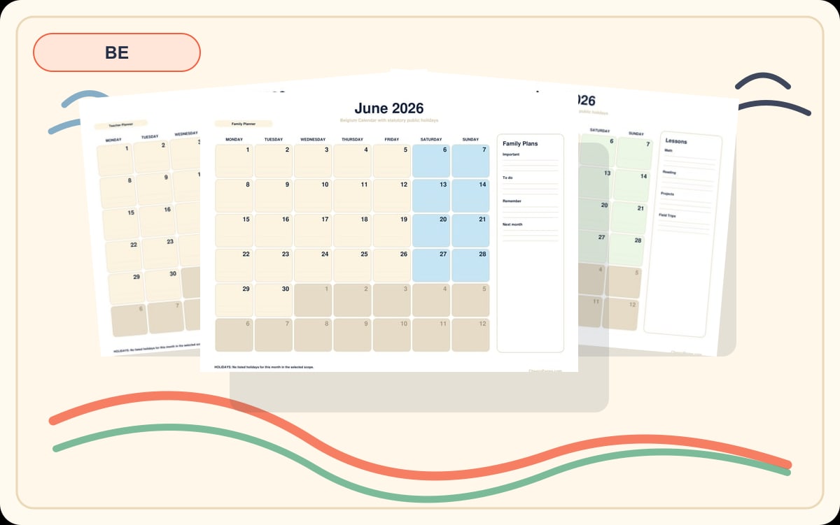 Belgium June 2026 Calendars preview