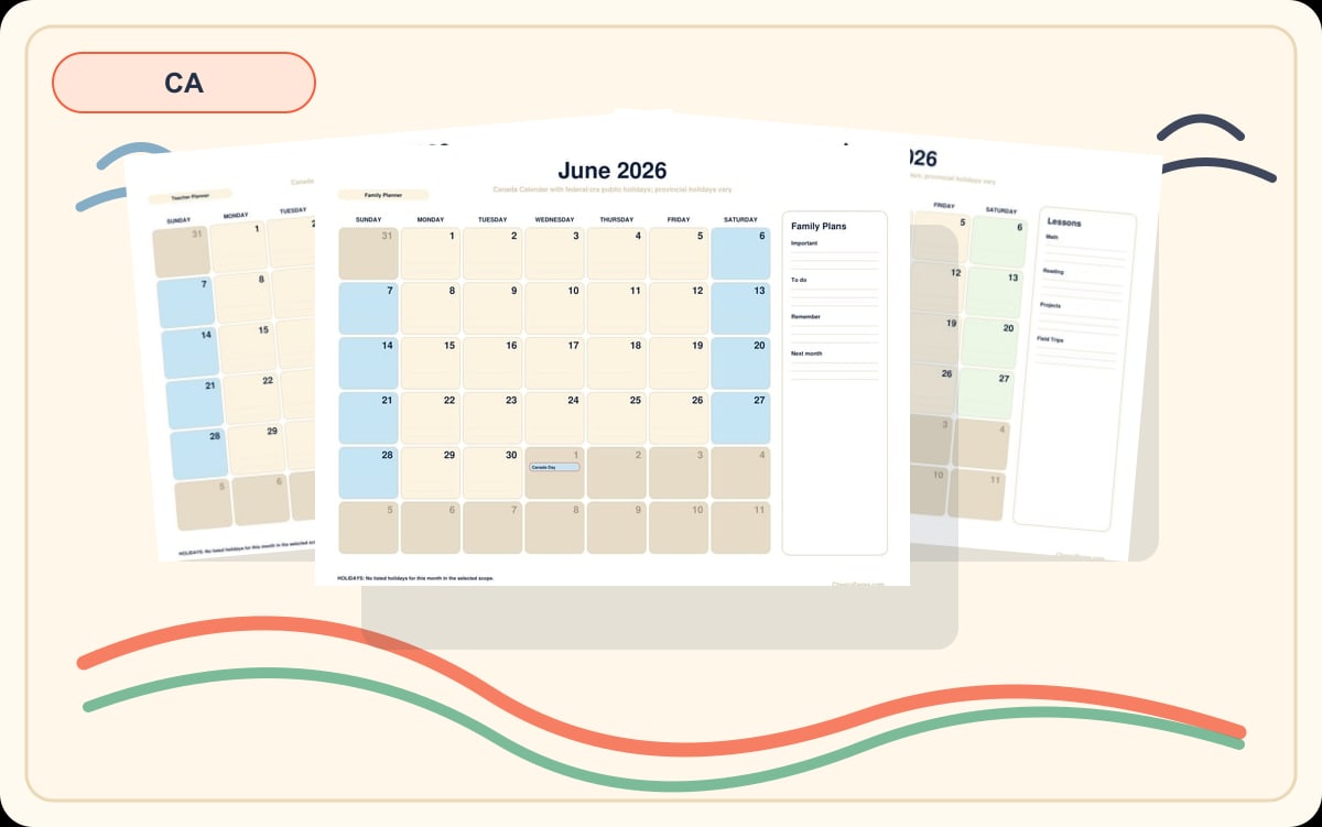 Canada June 2026 Calendars preview