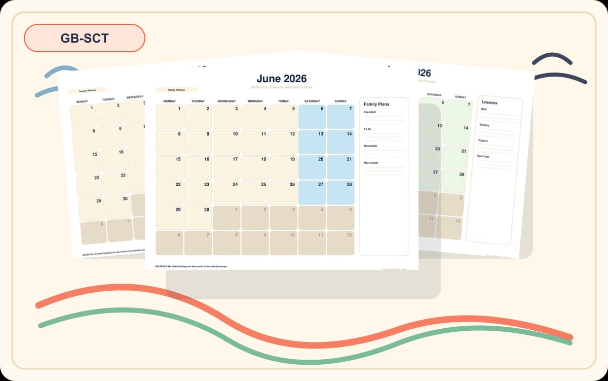 UK Scotland June 2026 Calendars preview