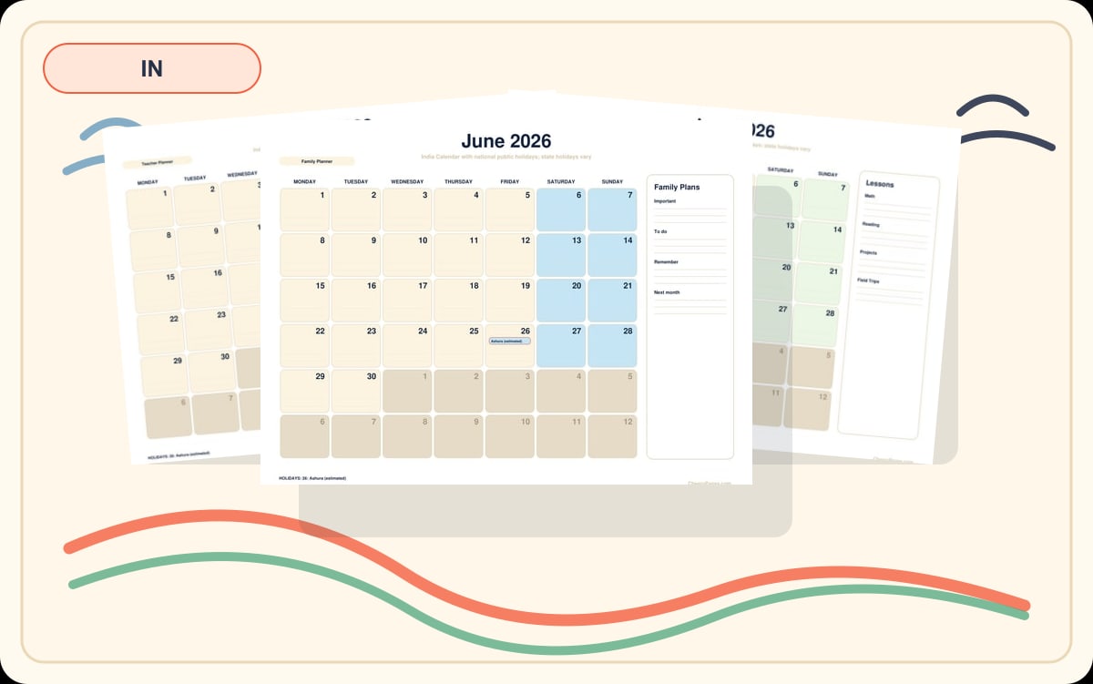 India June 2026 Calendars preview