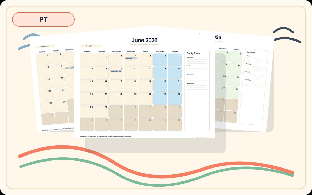 Portugal June 2026 Calendars preview