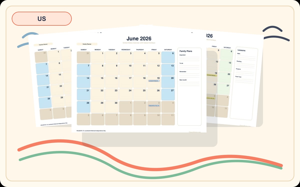 United States June 2026 Calendars preview