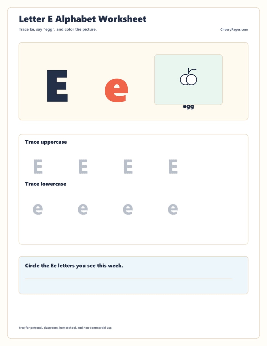 Letter E Alphabet Worksheet printable preview