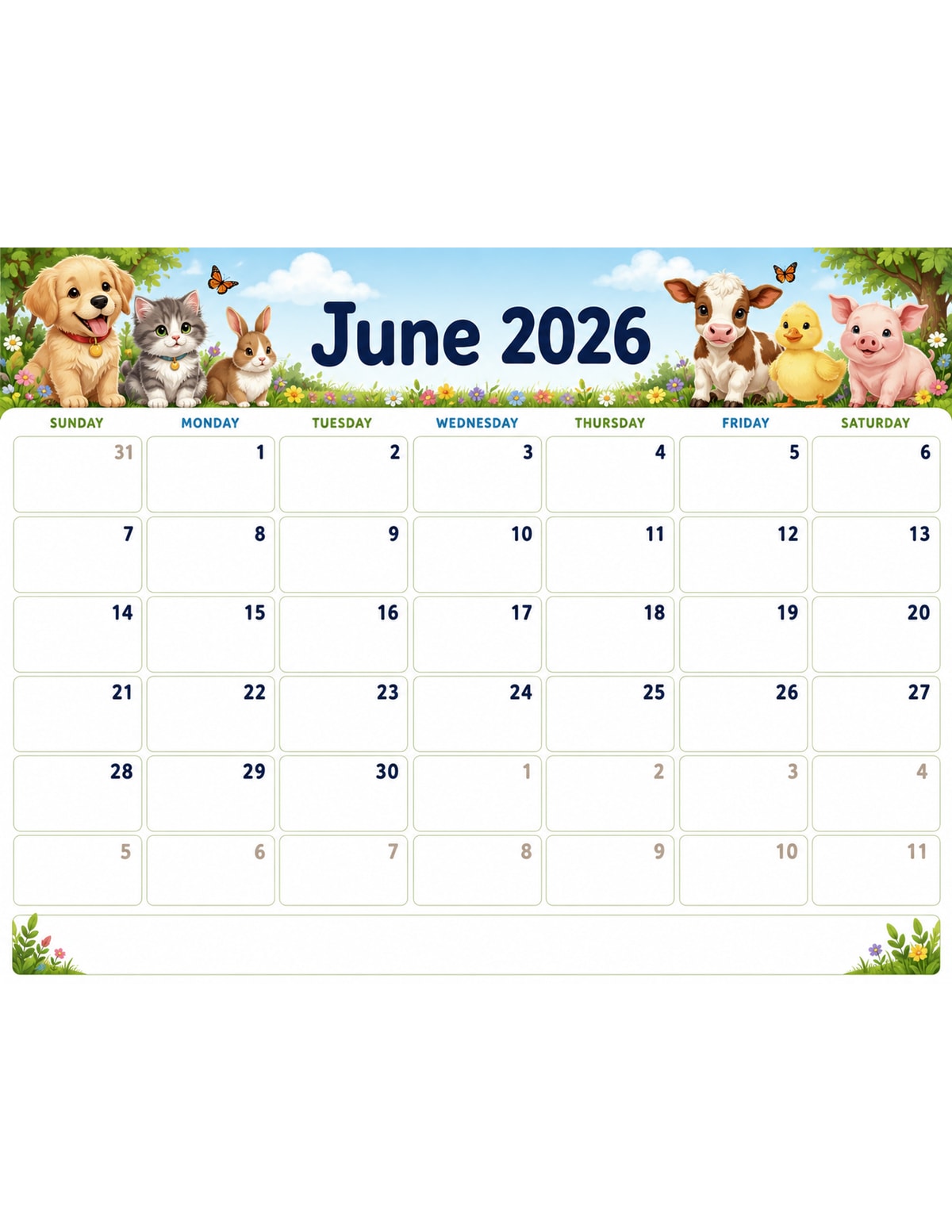 Animal Theme June 2026 Calendar printable preview