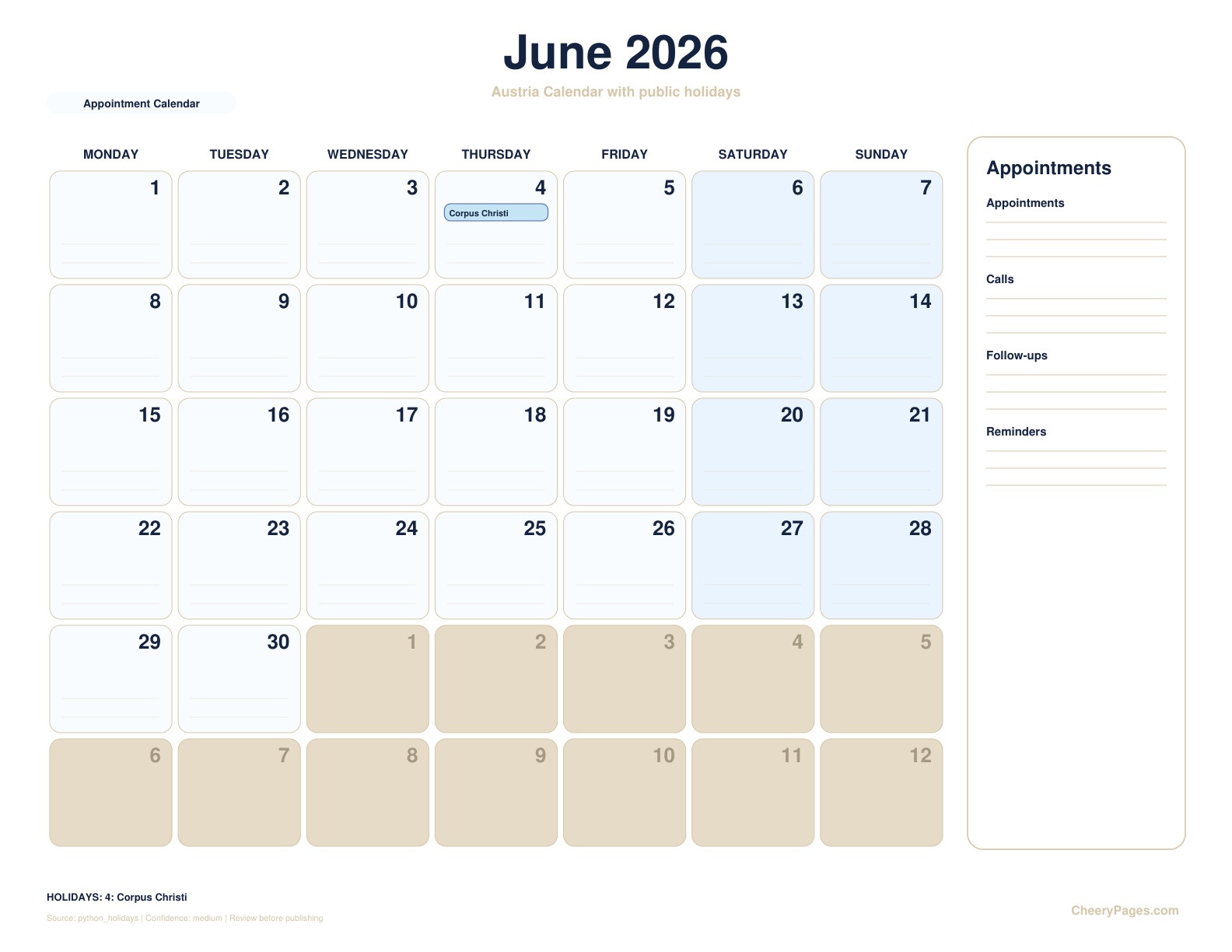 Austria June 2026 Calendar - Appointment Calendar printable preview