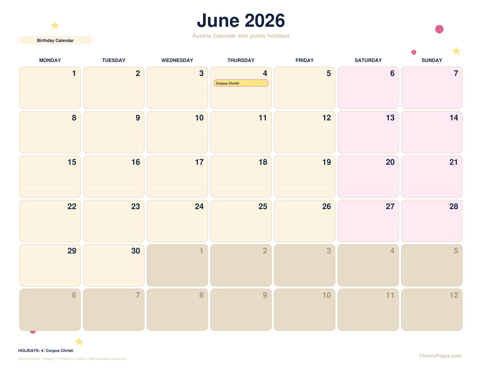Austria June 2026 Calendar - Birthday Calendar printable preview