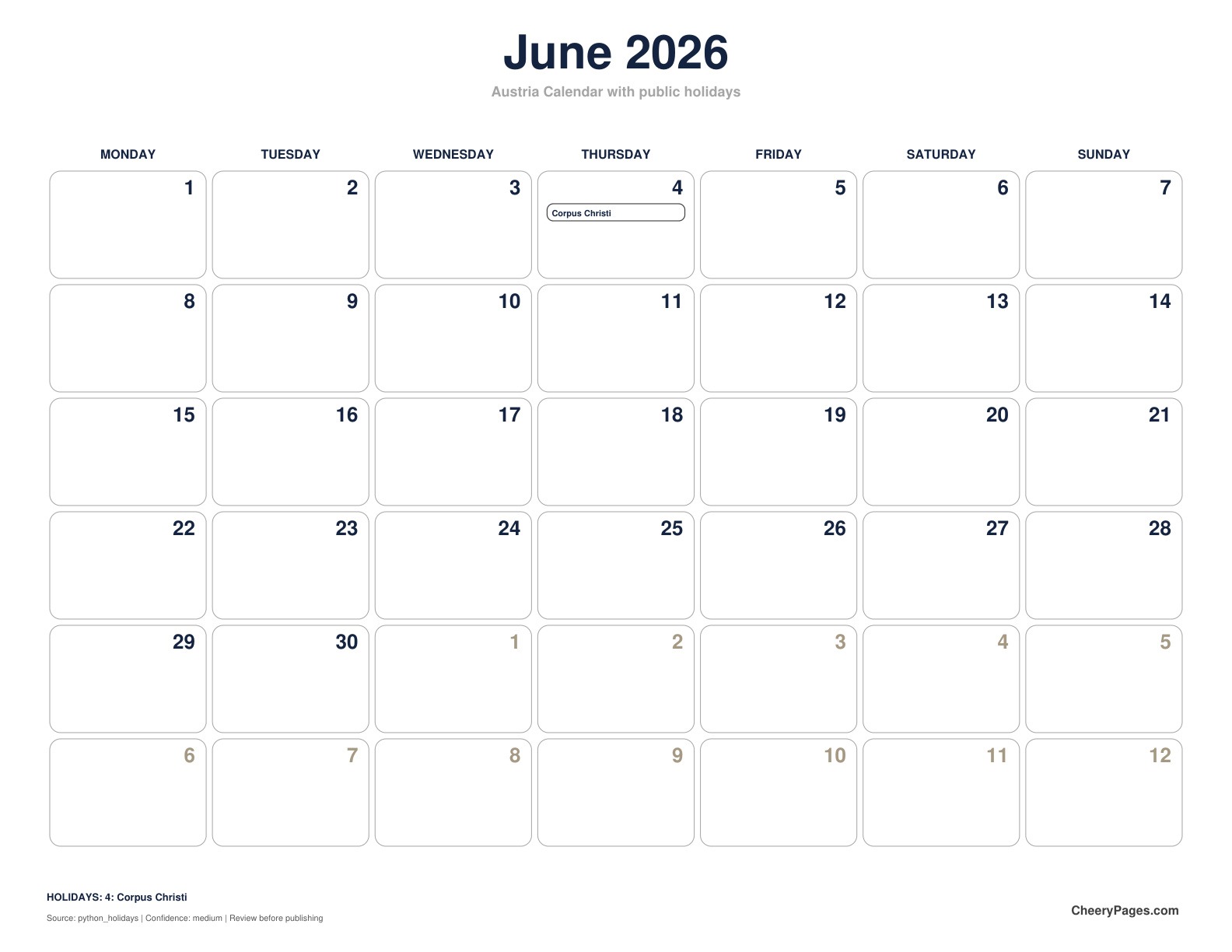 Austria June 2026 Calendar - Black and White Ink Saver printable preview