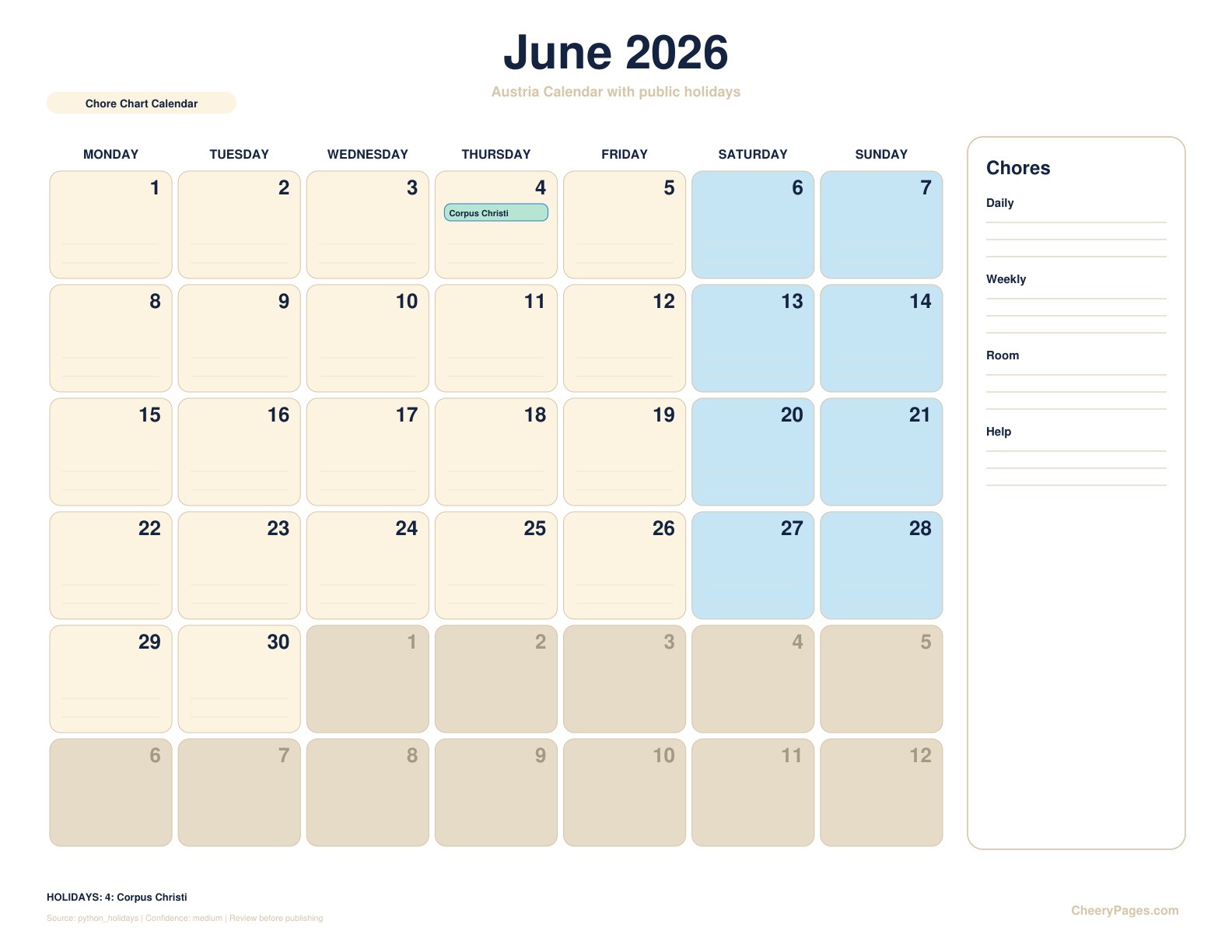 Austria June 2026 Calendar - Chore Chart Calendar printable preview