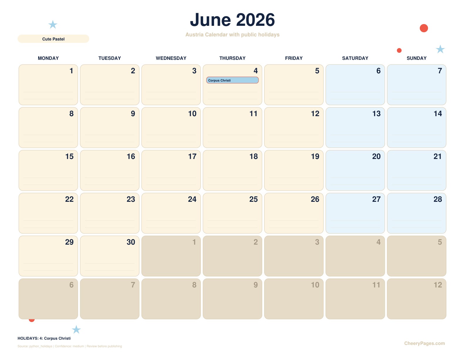 Austria June 2026 Calendar - Cute Pastel printable preview