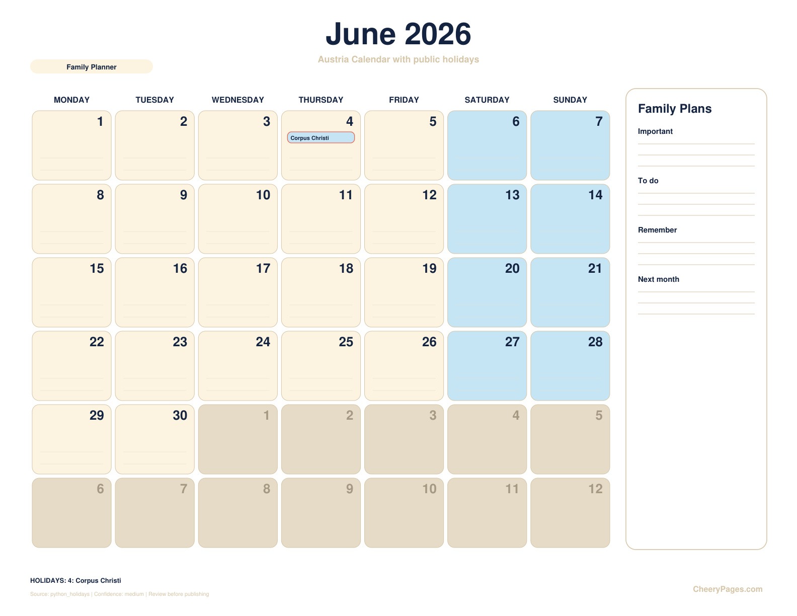 Austria June 2026 Calendar - Family Planner printable preview