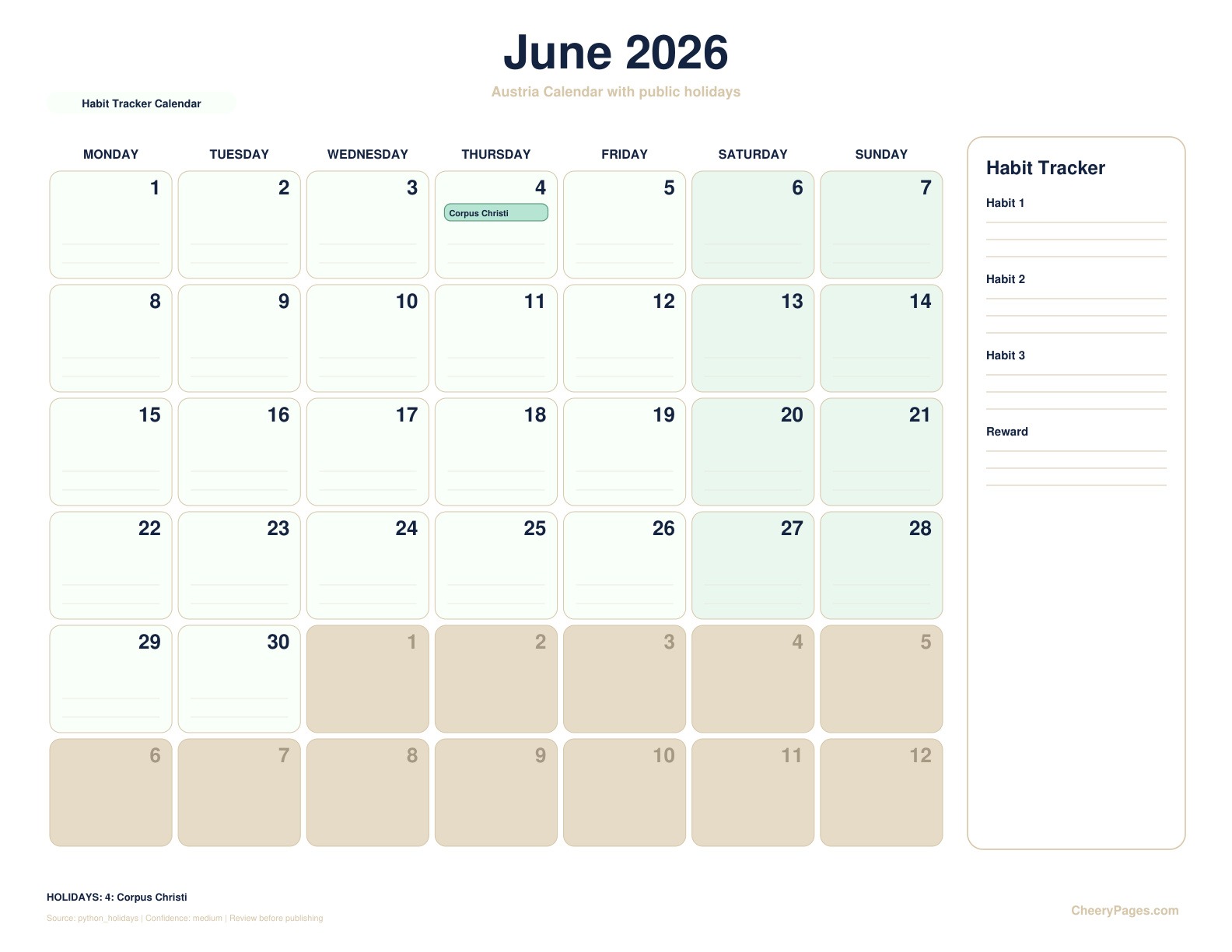 Austria June 2026 Calendar - Habit Tracker Calendar printable preview