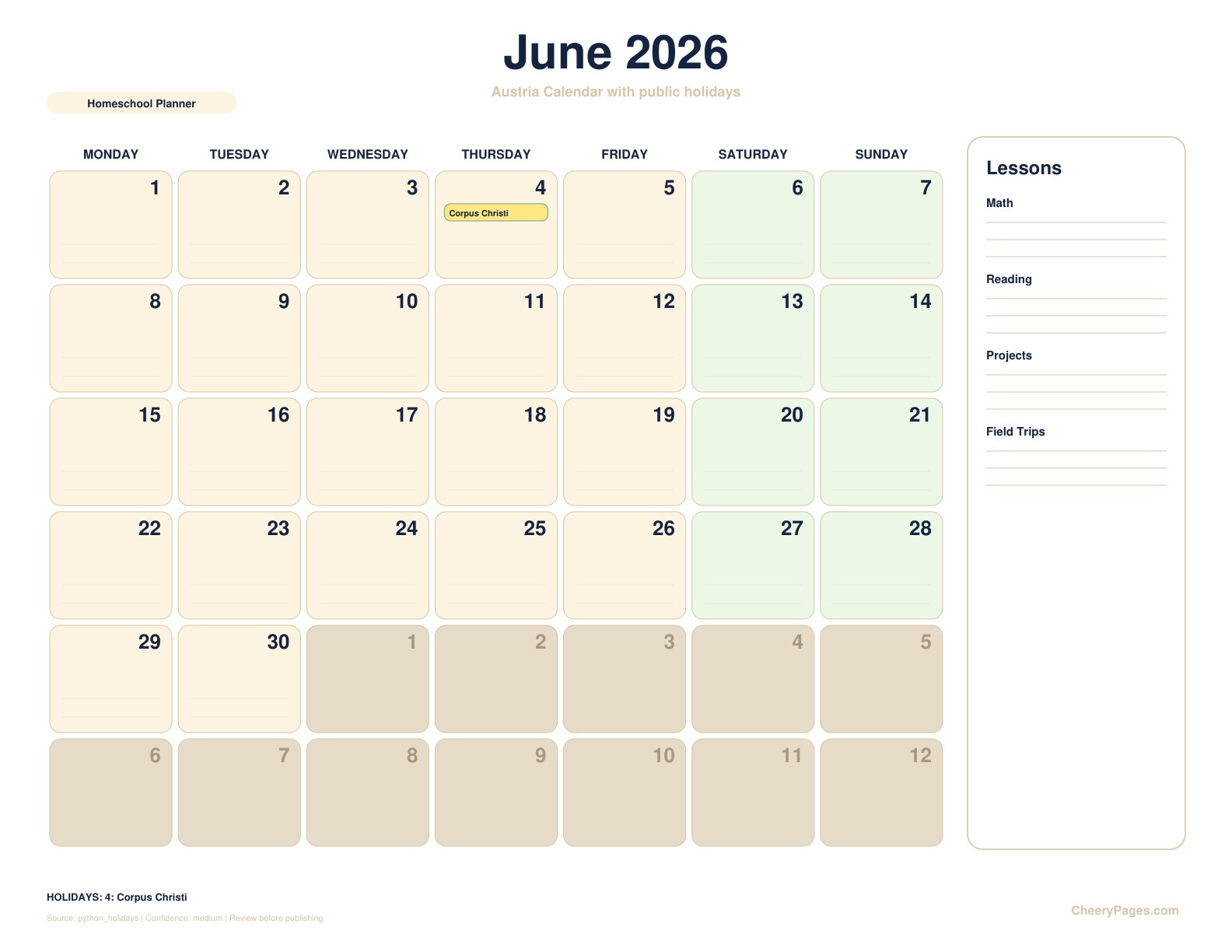 Austria June 2026 Calendar - Homeschool Planner printable preview