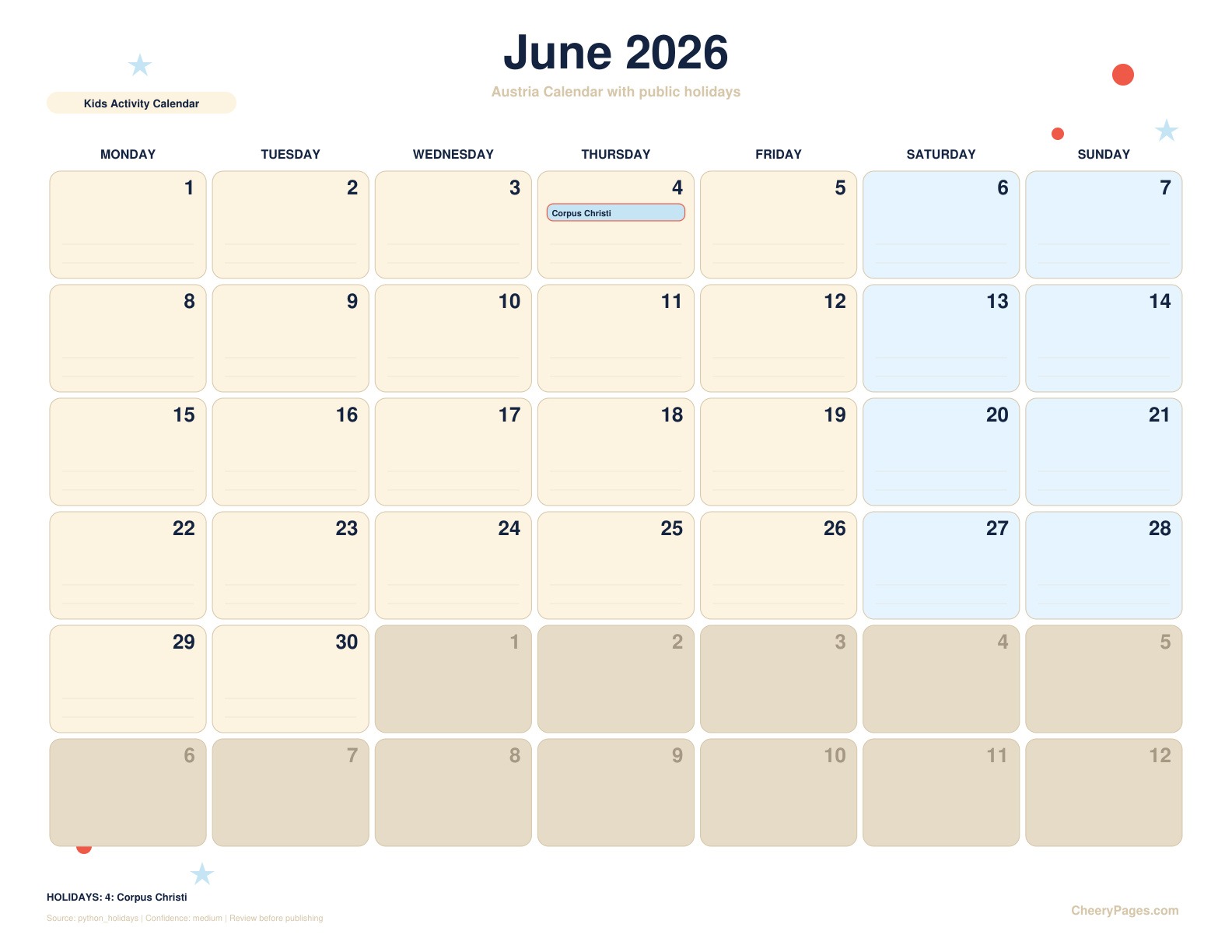 Austria June 2026 Calendar - Kids Activity Calendar printable preview