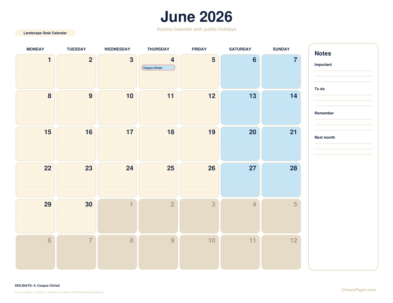 Austria June 2026 Calendar - Landscape Desk Calendar printable preview
