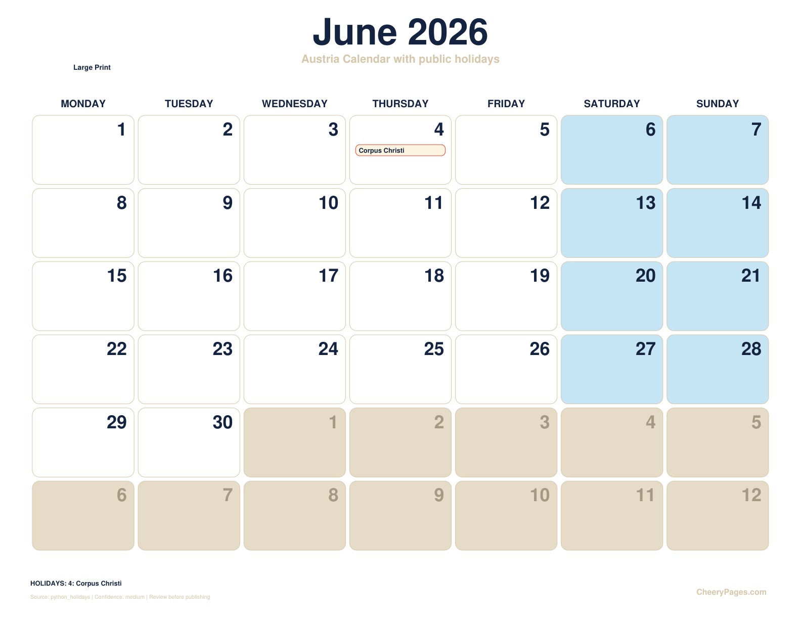 Austria June 2026 Calendar - Large Print printable preview