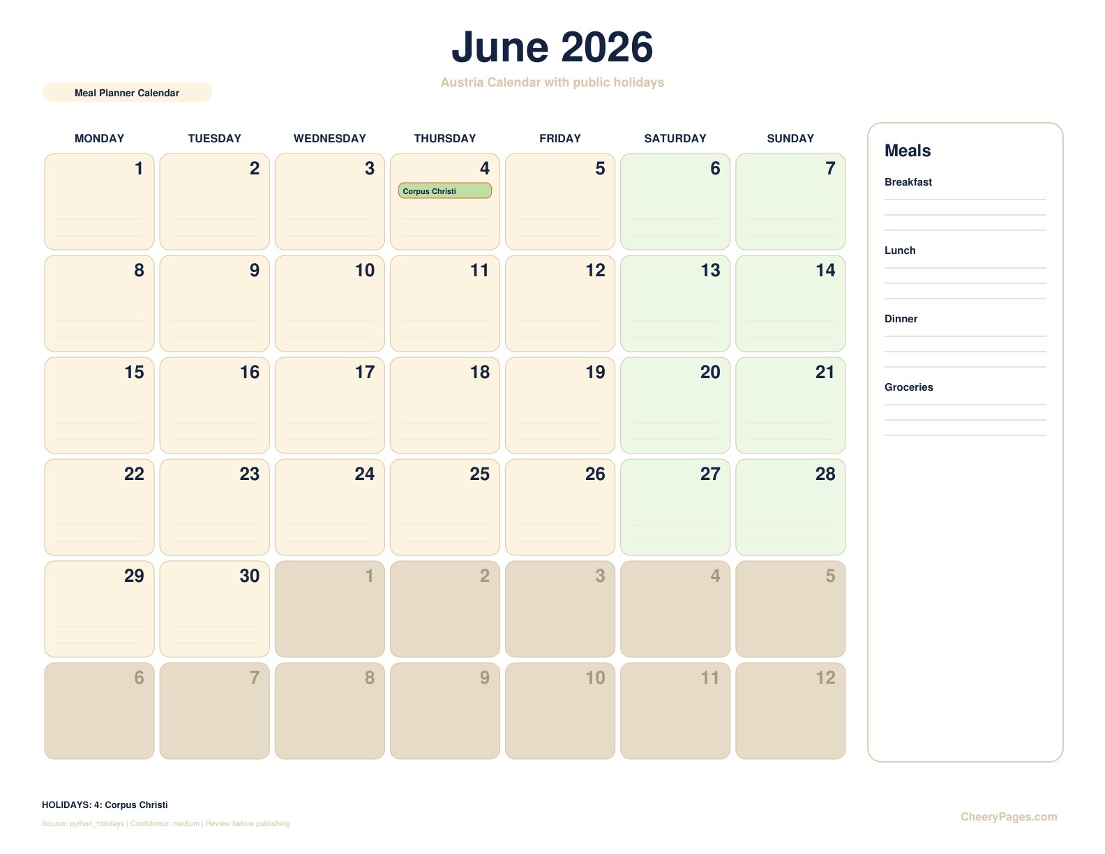 Austria June 2026 Calendar - Meal Planner Calendar printable preview