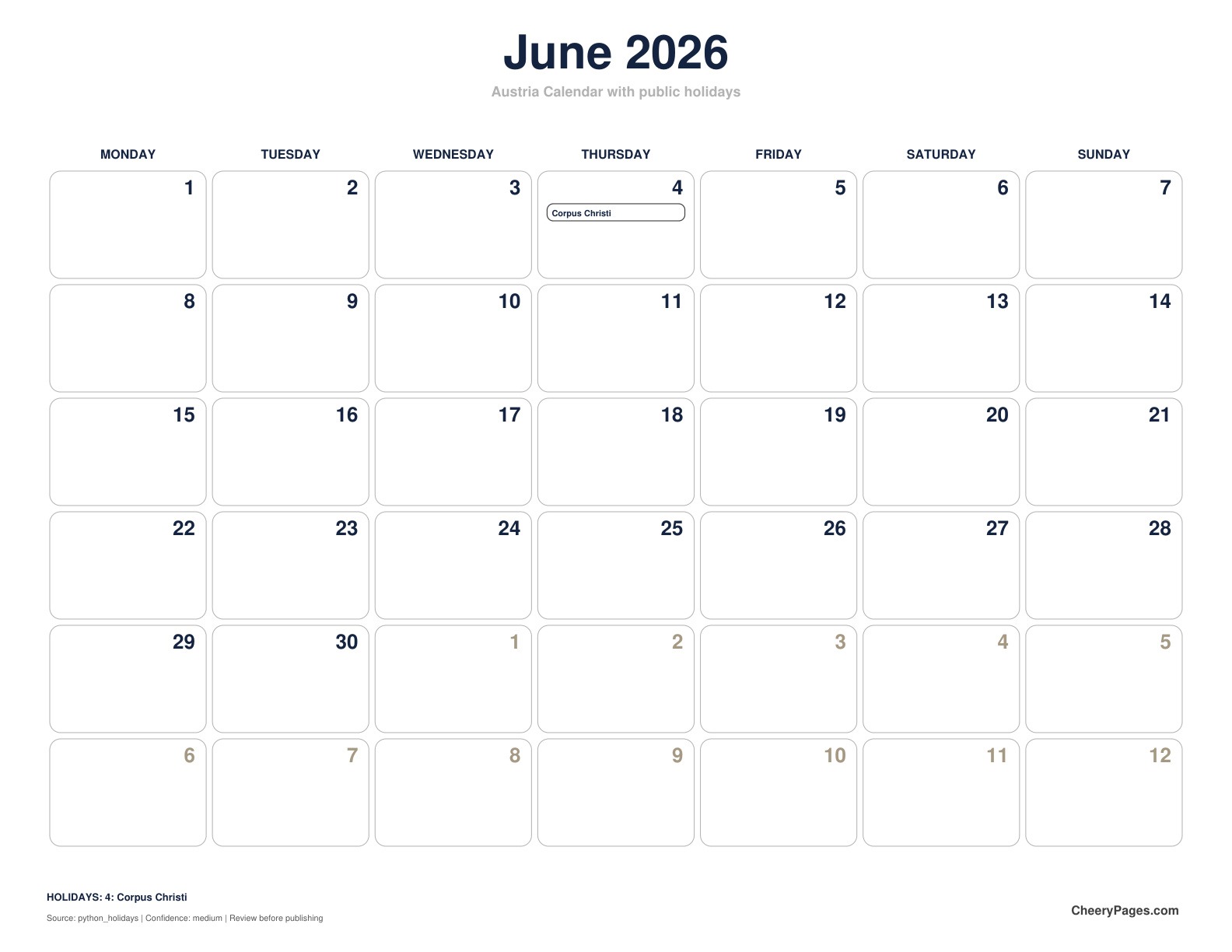 Austria June 2026 Calendar - Minimal Ink printable preview