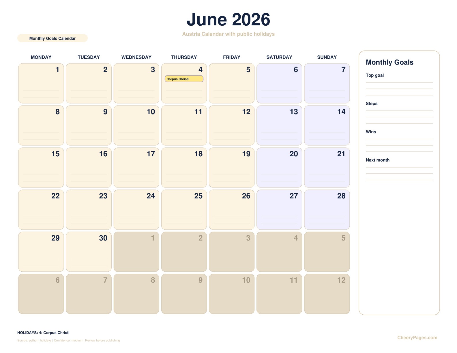 Austria June 2026 Calendar - Monthly Goals Calendar printable preview