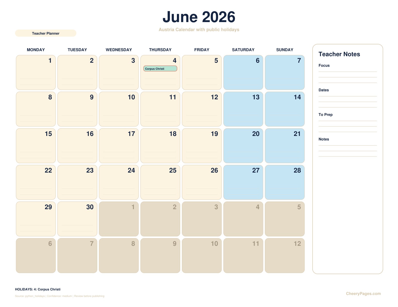 Austria June 2026 Calendar - Teacher Planner printable preview