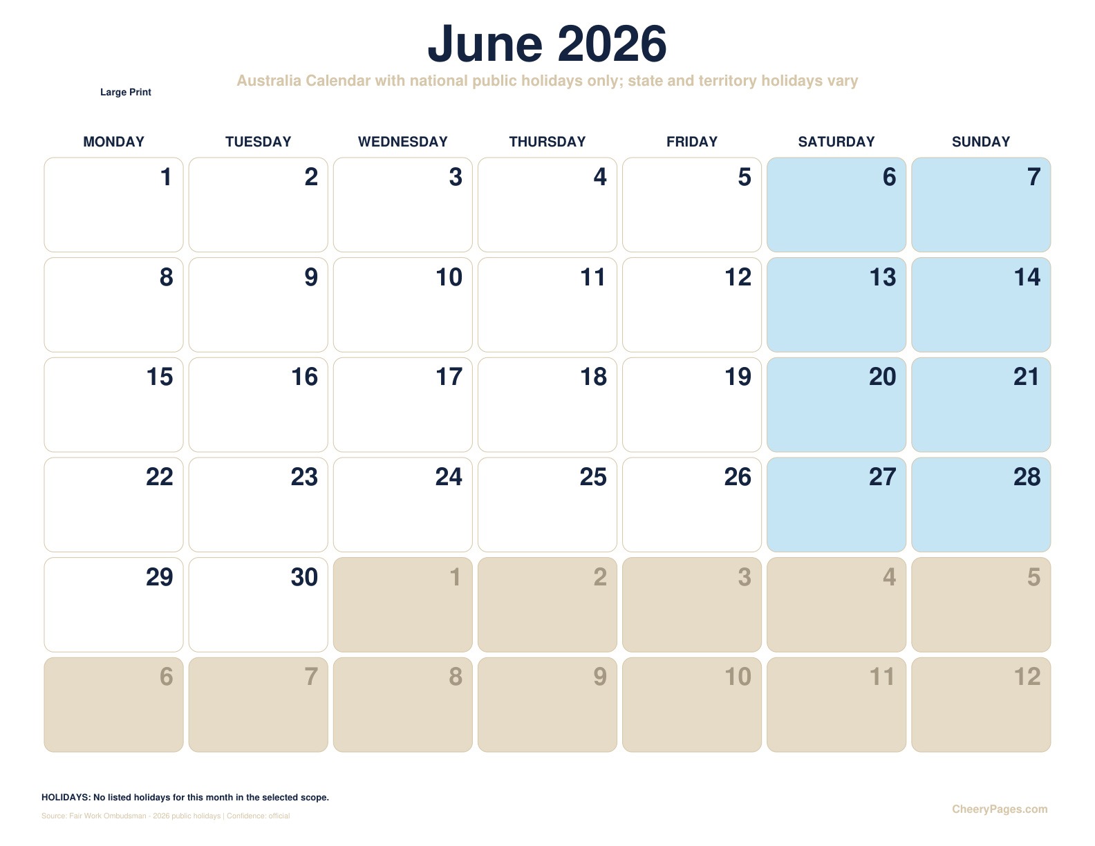Australia June 2026 Calendar - Large Print printable preview