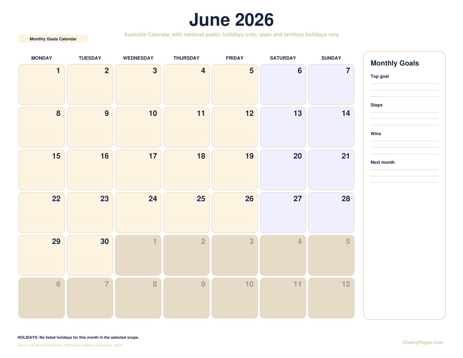 Australia June 2026 Calendar - Monthly Goals Calendar printable preview