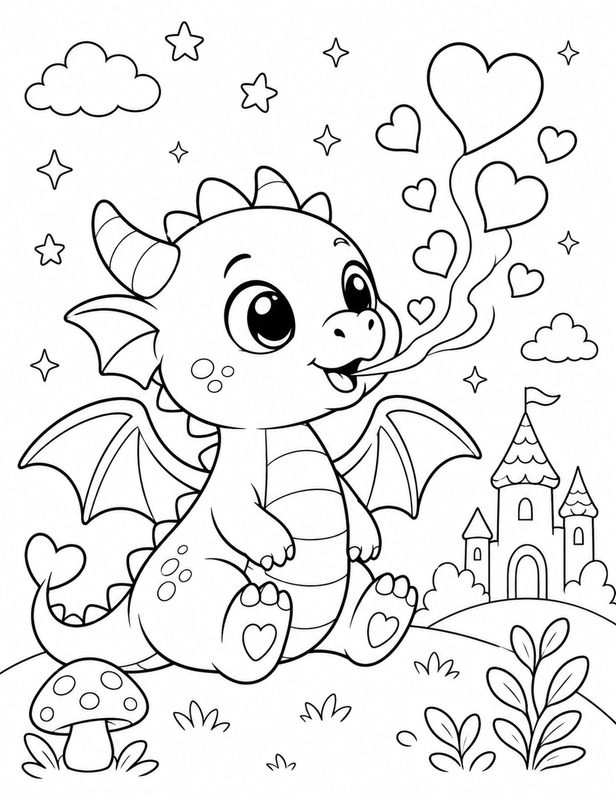 Baby Dragon Blowing Small Heart-shaped Smoke Puffs in a Playful Scene printable preview