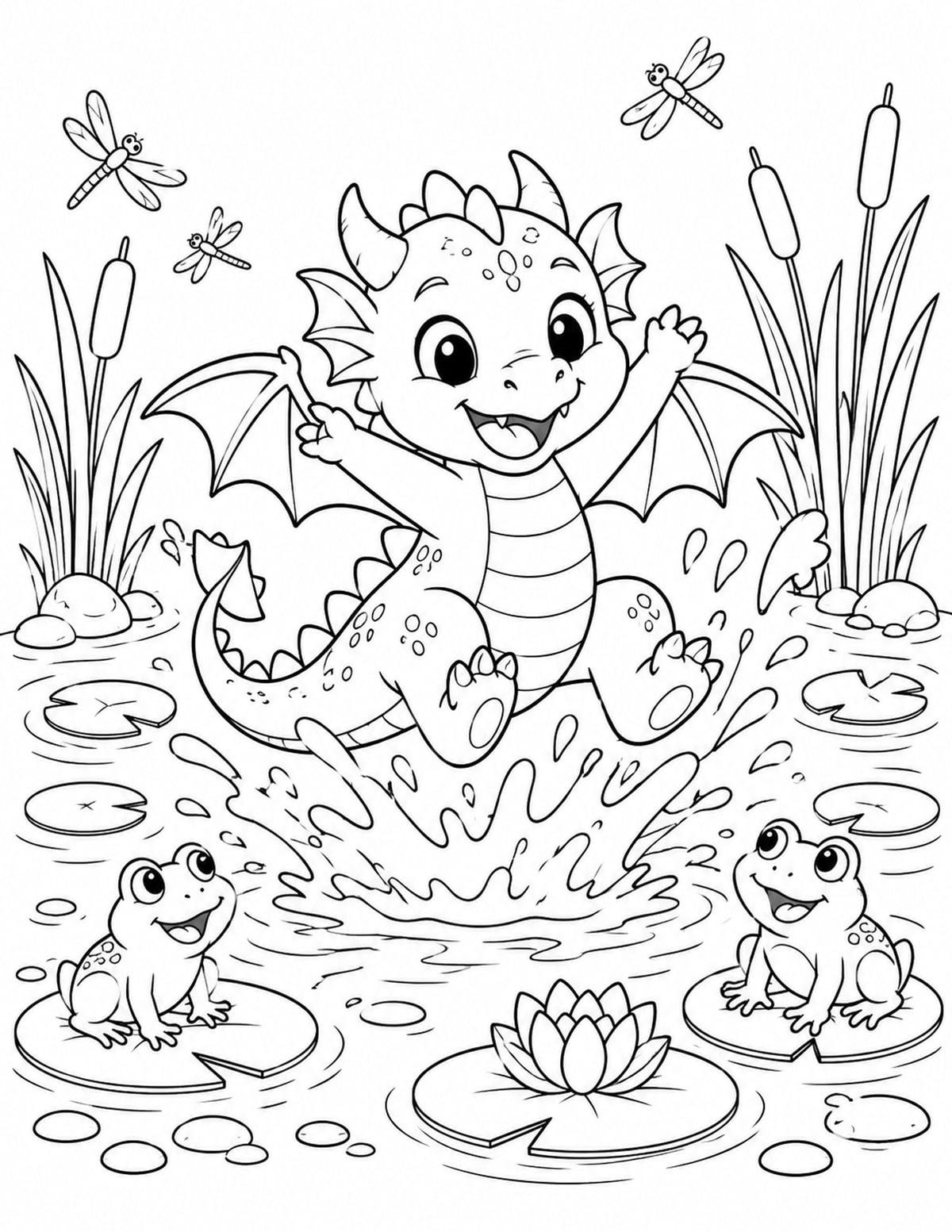 Baby Dragon Splashing in a Pond printable preview