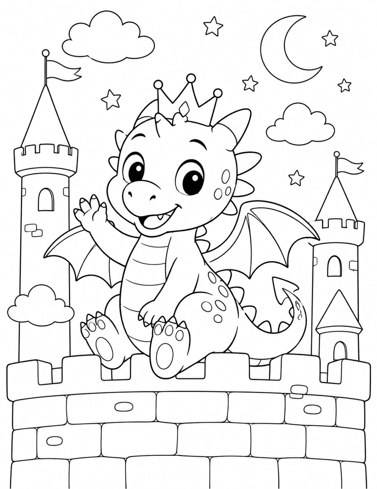 Baby Dragon Wearing a Tiny Crown While Sitting on a Castle Wall printable preview