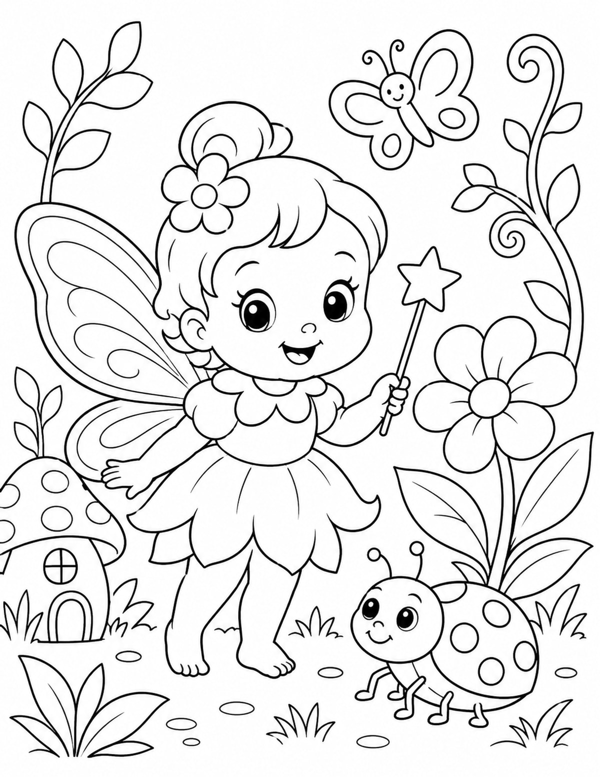 Baby Fairy Holding a Tiny Wand beside a Flower and Friendly Ladybug printable preview