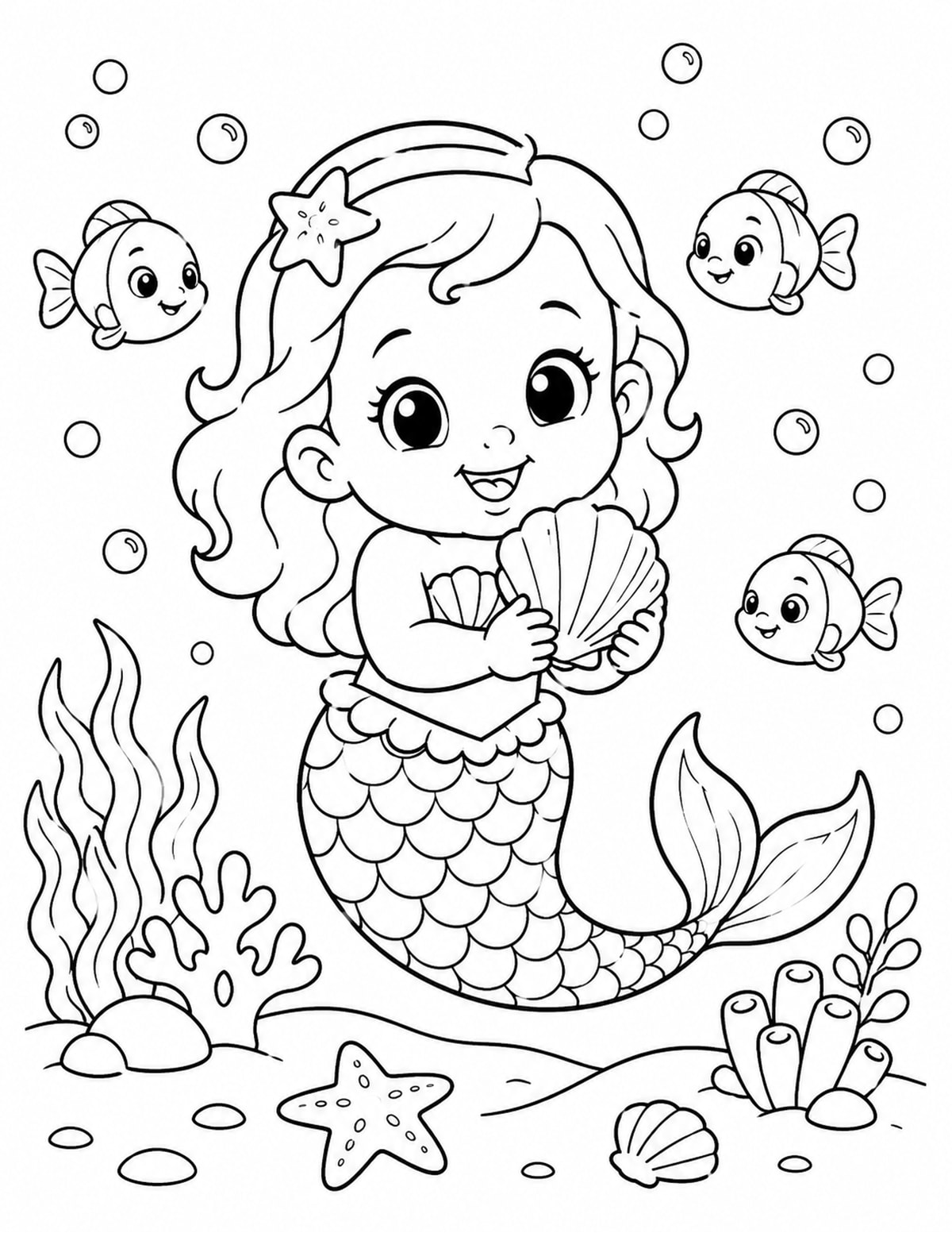 Baby Mermaid Holding a Seashell printable preview