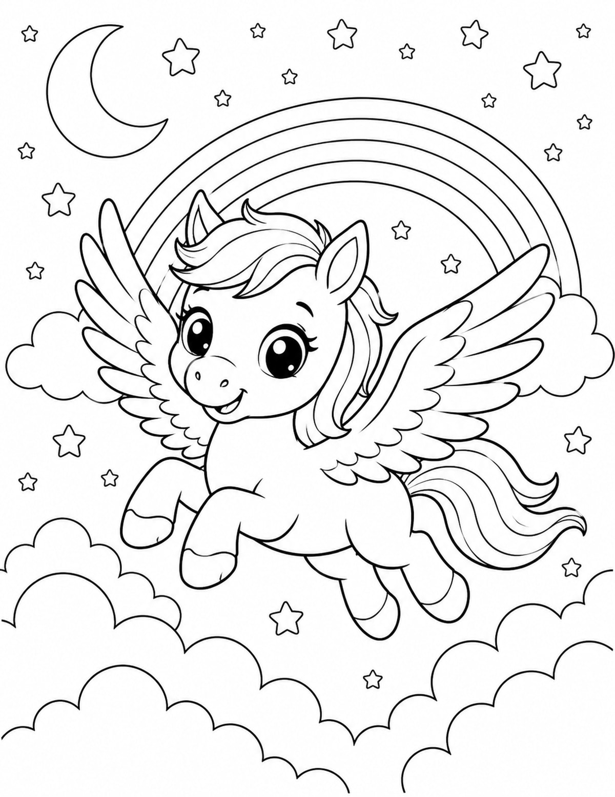 Baby Pegasus Flying over Clouds with Stars printable preview