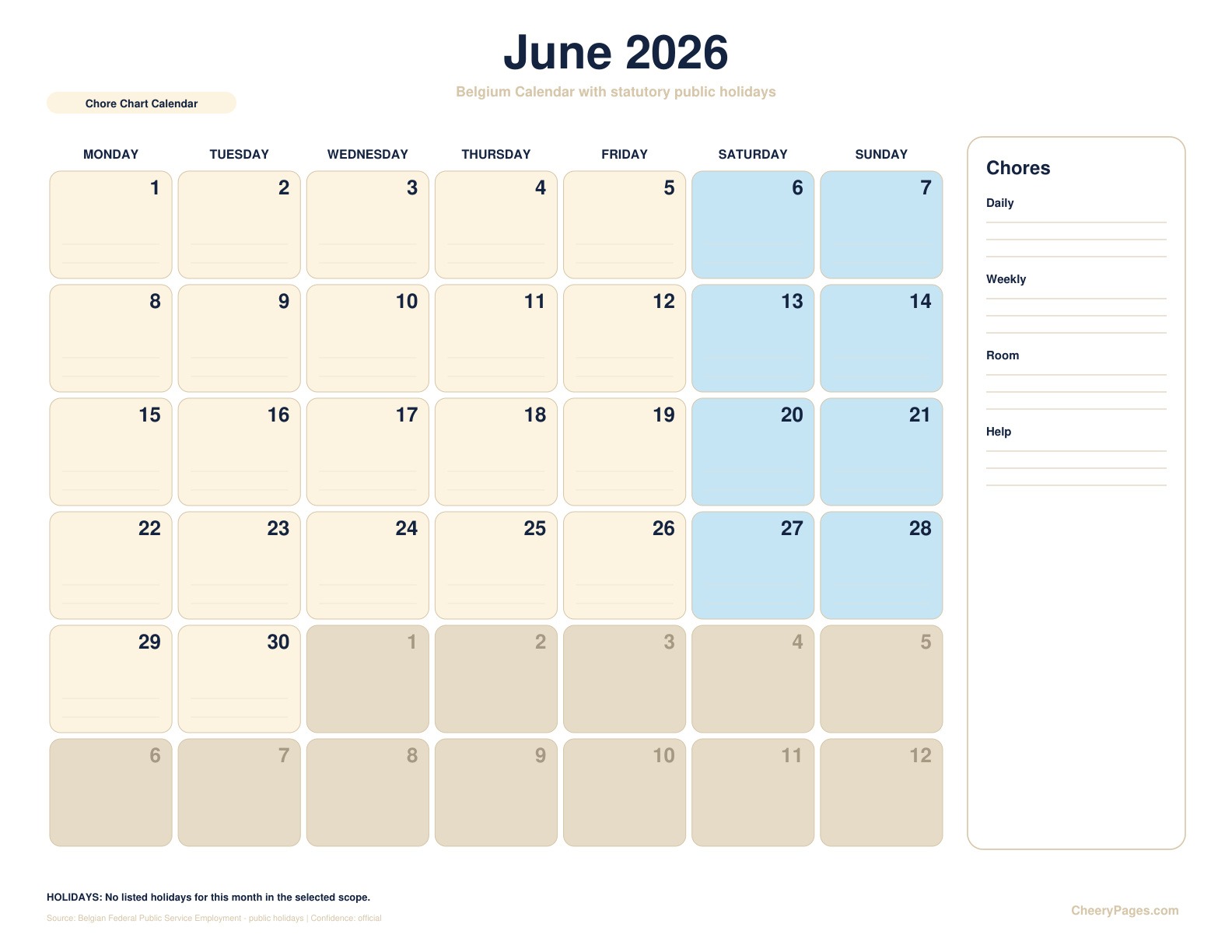 Belgium June 2026 Calendar - Chore Chart Calendar printable preview