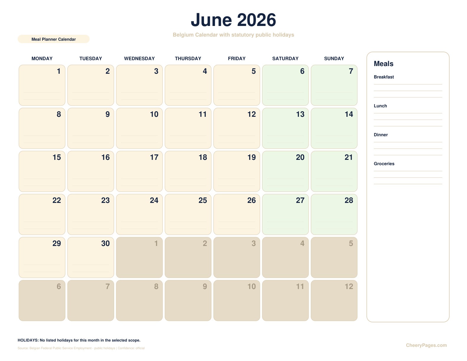 Belgium June 2026 Calendar - Meal Planner Calendar printable preview