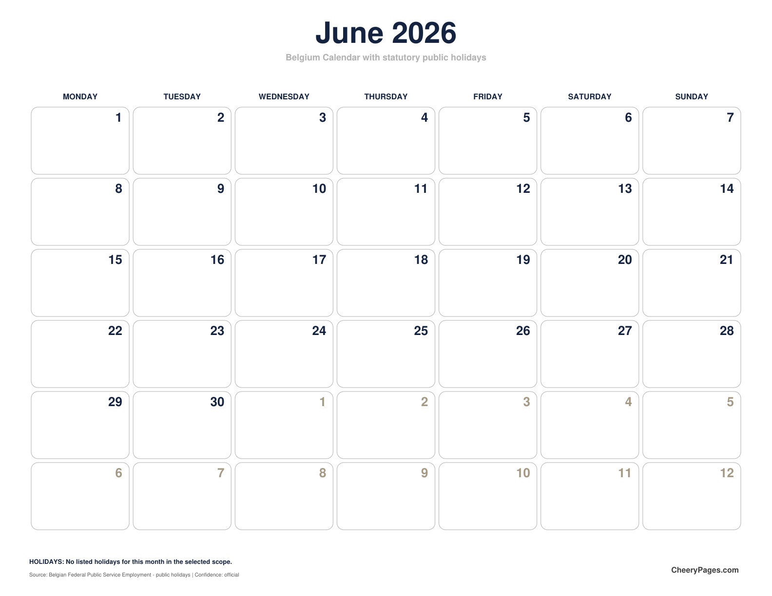 Belgium June 2026 Calendar - Minimal Ink printable preview