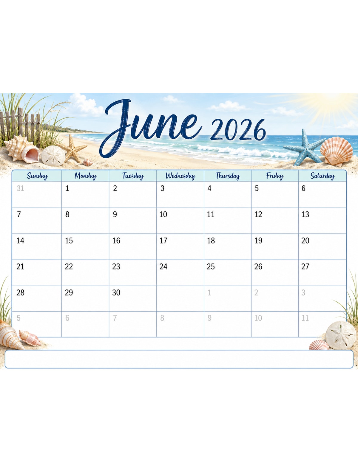 Beach Theme June 2026 Calendar printable preview