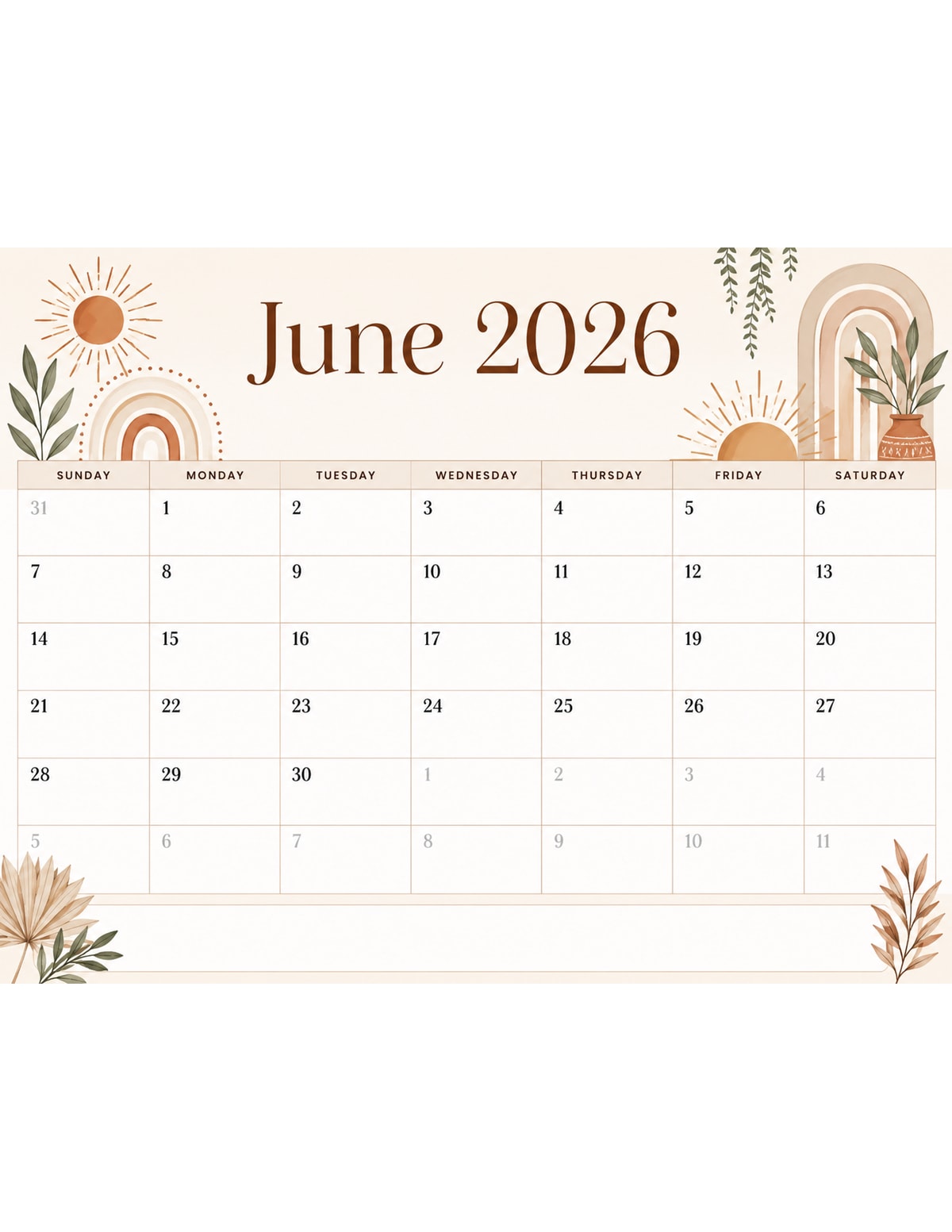 Boho June 2026 Calendar printable preview