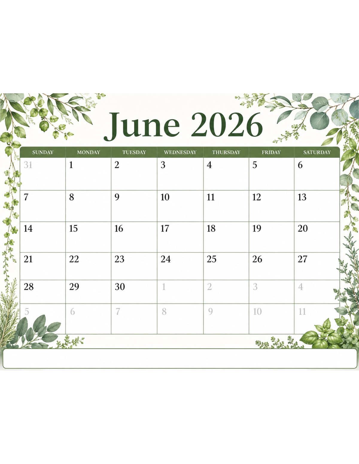 Botanical June 2026 Calendar printable preview