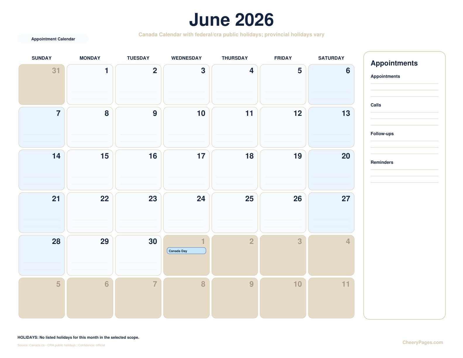 Canada June 2026 Calendar - Appointment Calendar printable preview