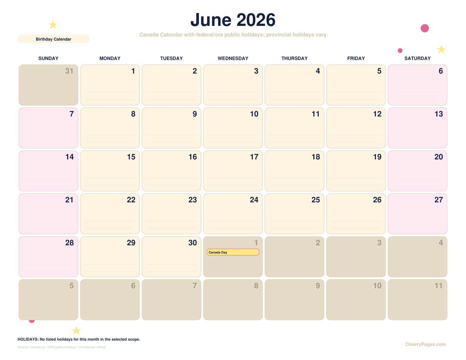 Canada June 2026 Calendar - Birthday Calendar printable preview