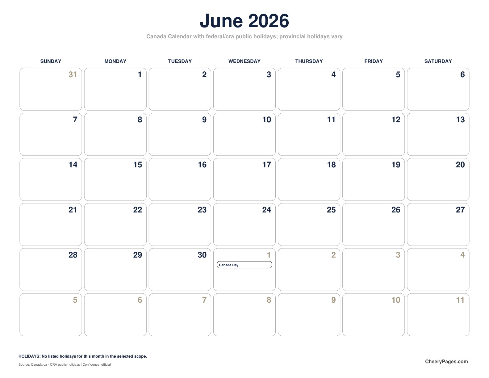 Canada June 2026 Calendar - Black and White Ink Saver printable preview