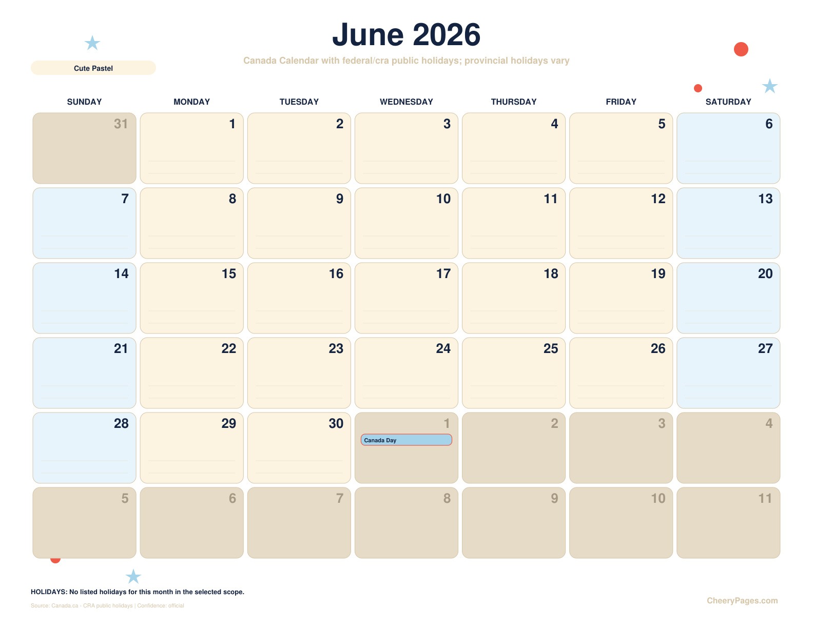 Canada June 2026 Calendar - Cute Pastel printable preview