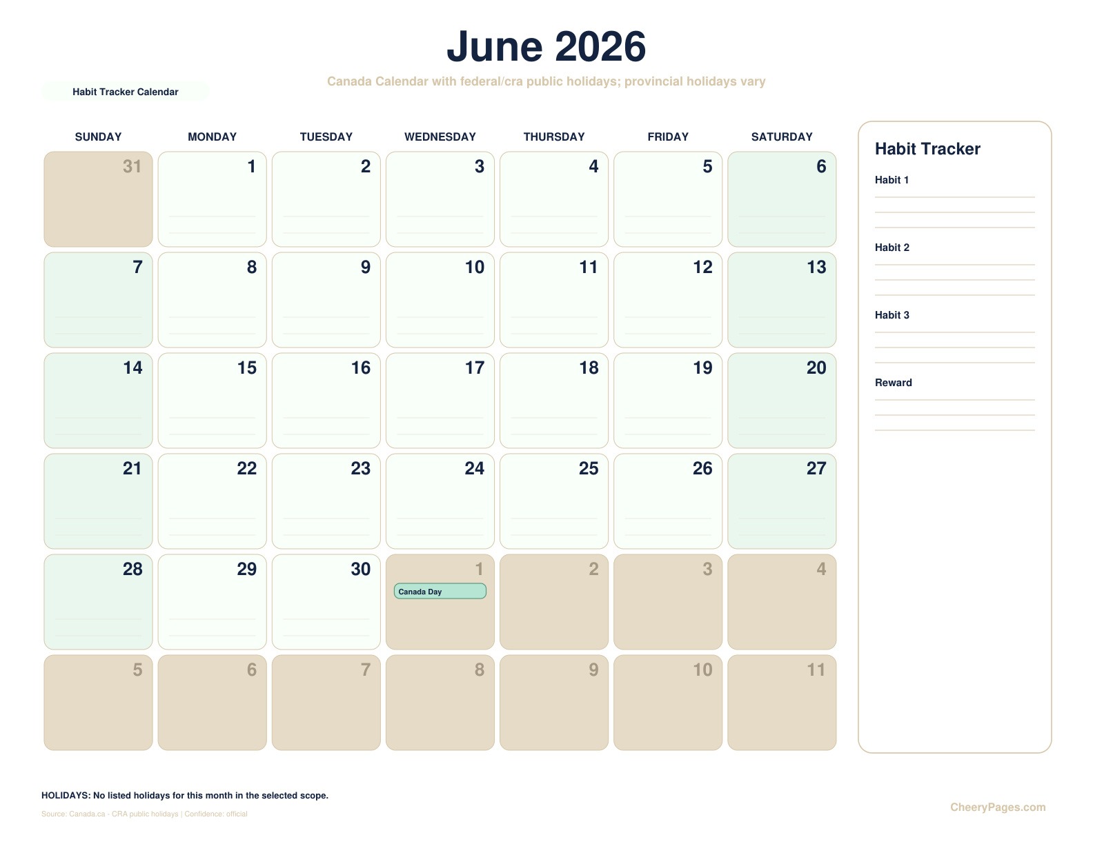 Canada June 2026 Calendar - Habit Tracker Calendar printable preview