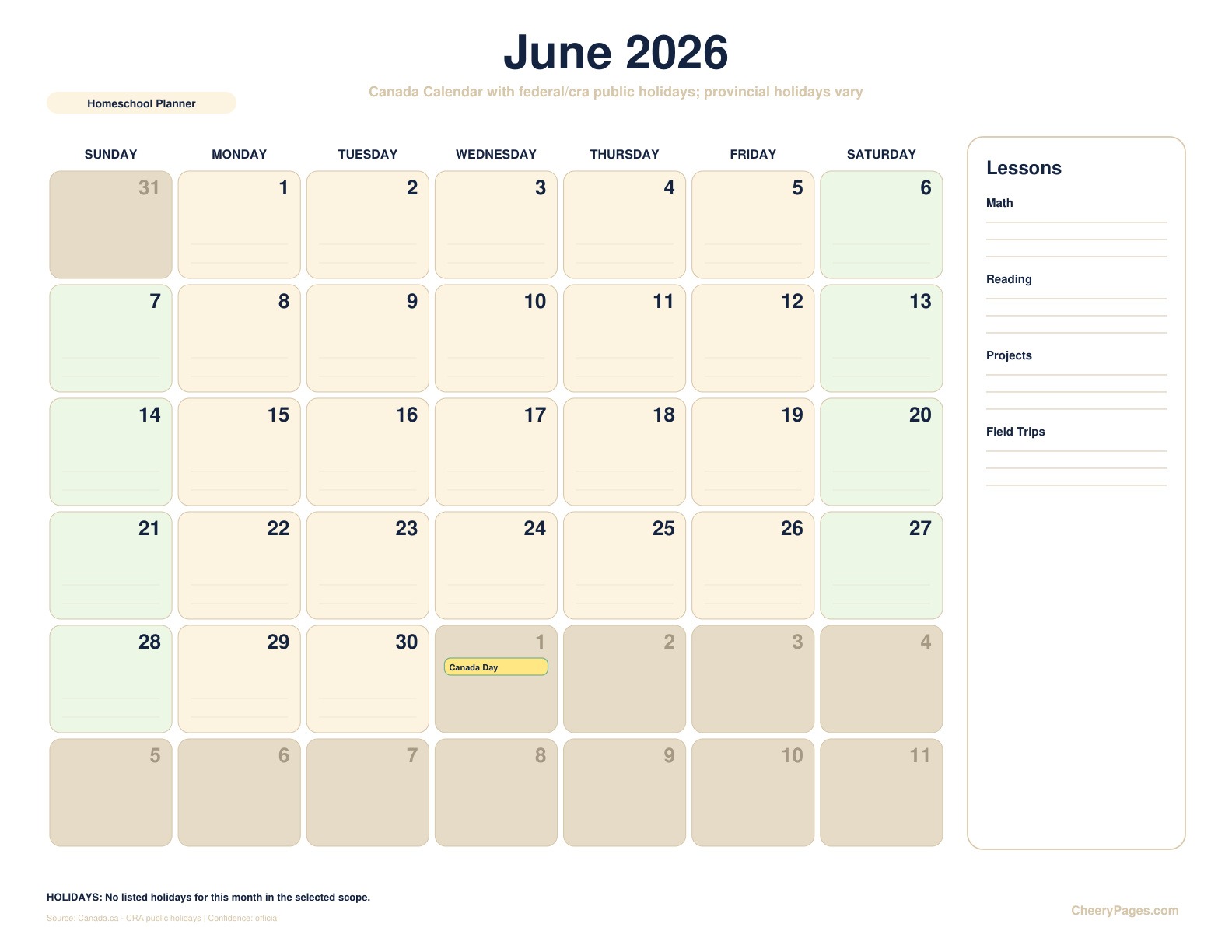 Canada June 2026 Calendar - Homeschool Planner printable preview