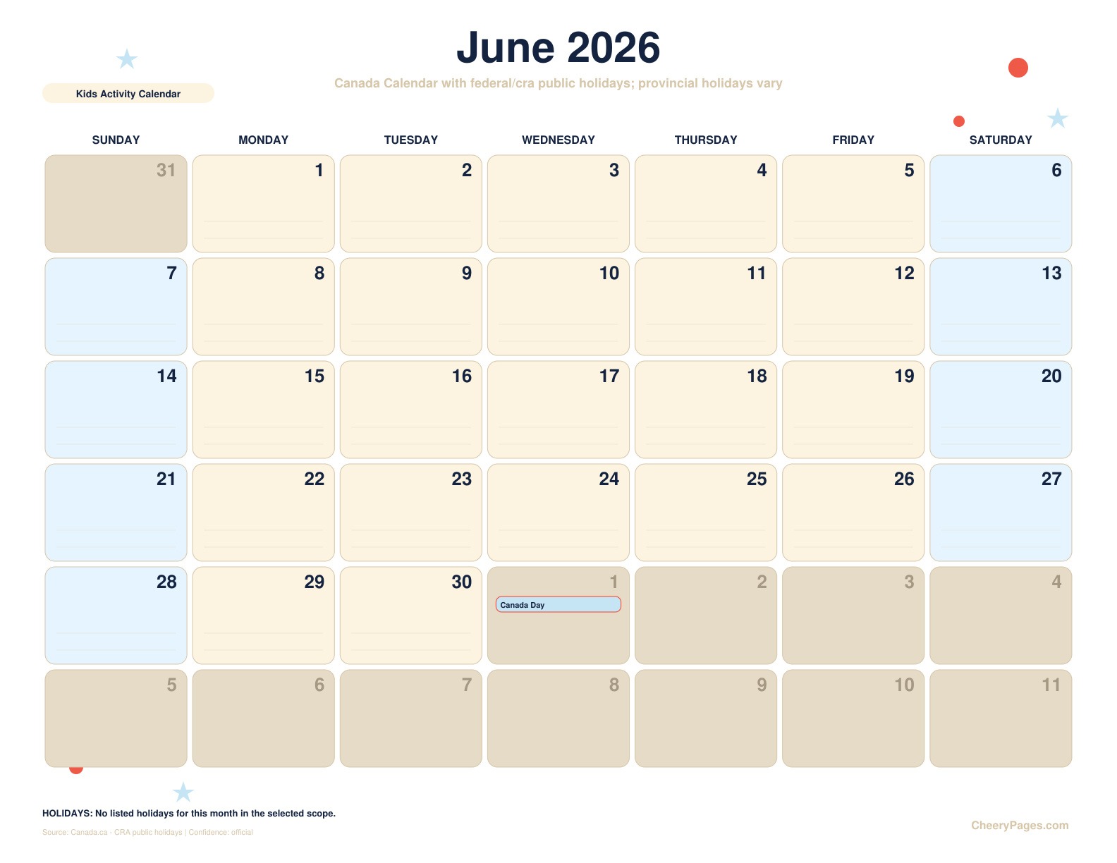 Canada June 2026 Calendar - Kids Activity Calendar printable preview