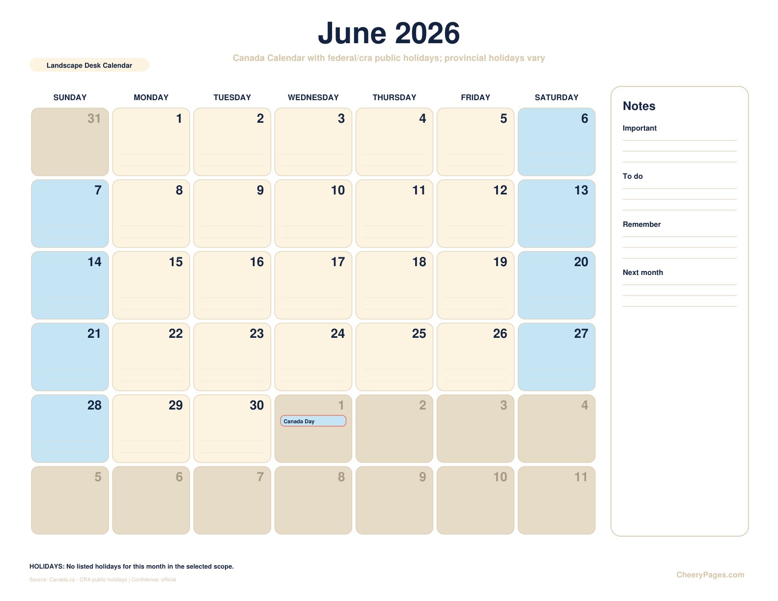 Canada June 2026 Calendar - Landscape Desk Calendar printable preview