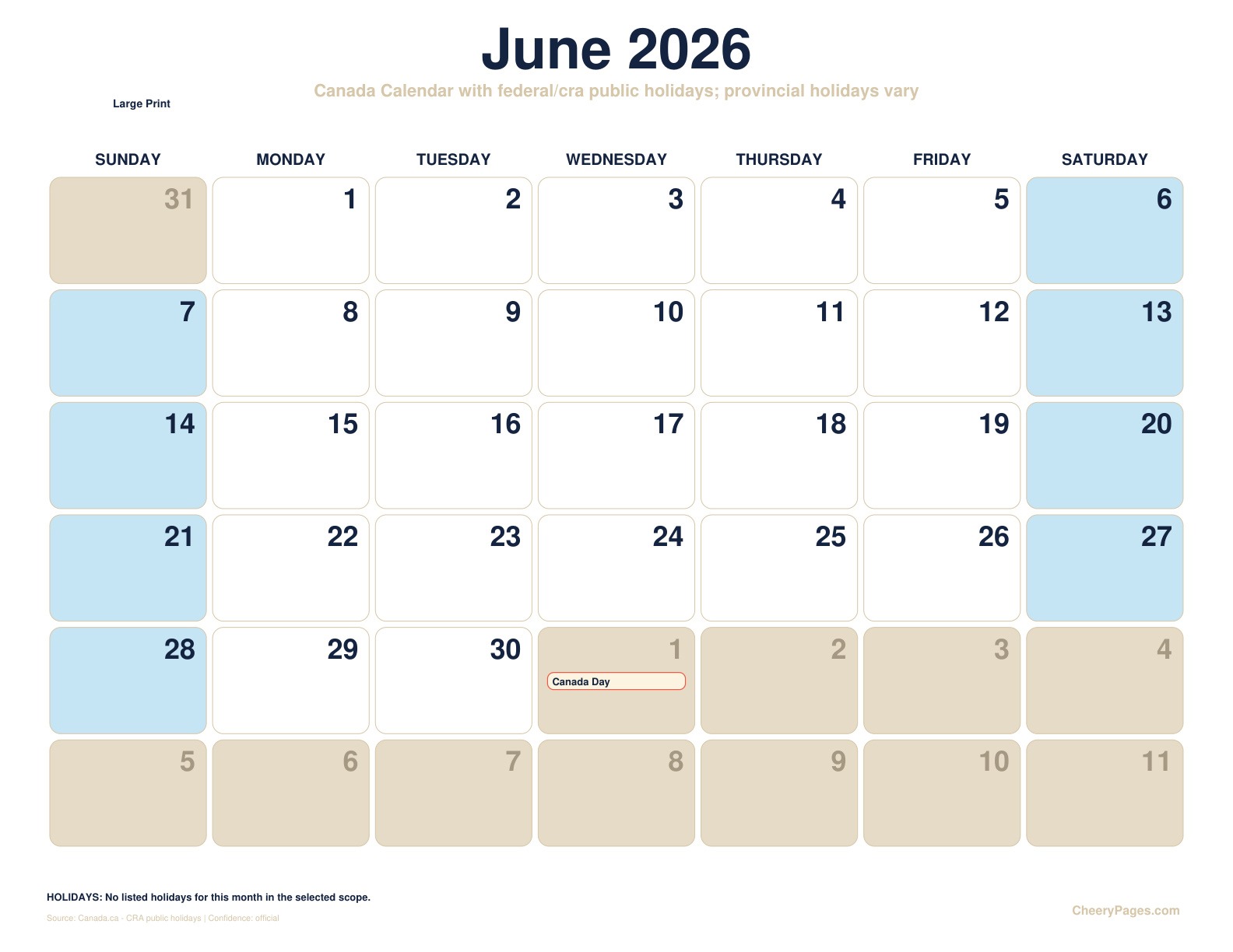 Canada June 2026 Calendar - Large Print printable preview