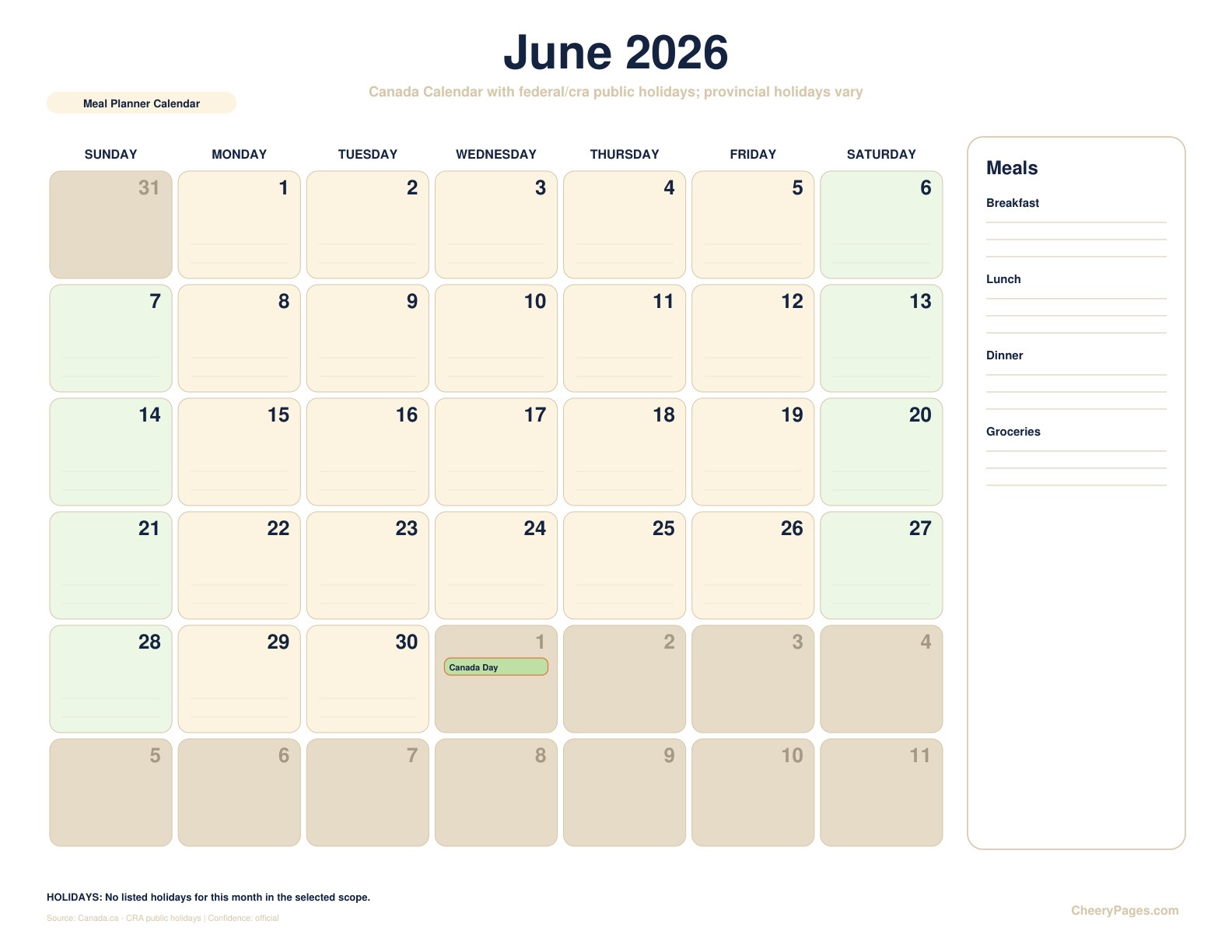 Canada June 2026 Calendar - Meal Planner Calendar printable preview