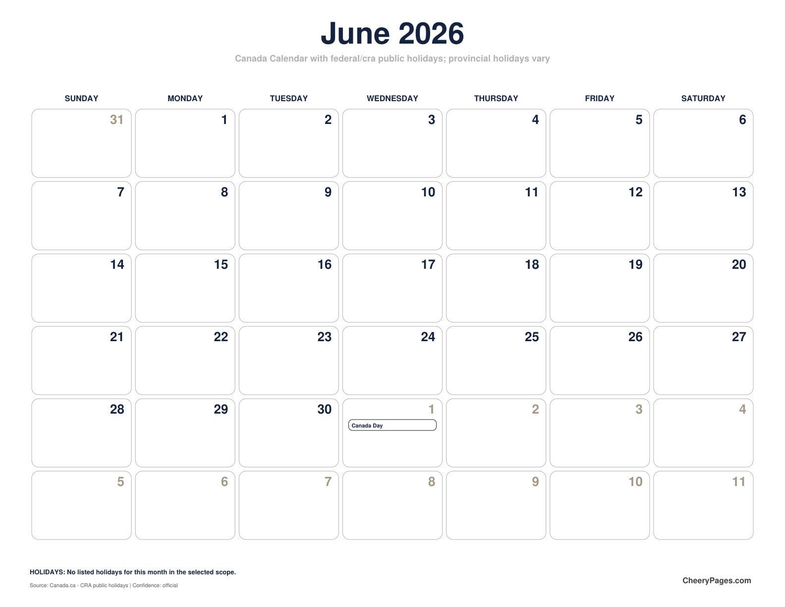 Canada June 2026 Calendar - Minimal Ink printable preview
