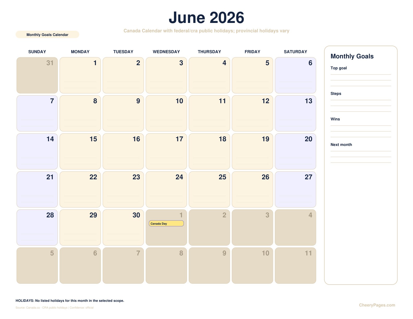 Canada June 2026 Calendar - Monthly Goals Calendar printable preview